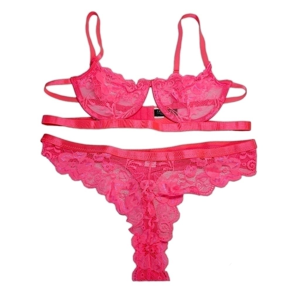 NEW Yandy Exclusive Hot Pink Lace Strappy Sexy Bra and Panty Set Medium